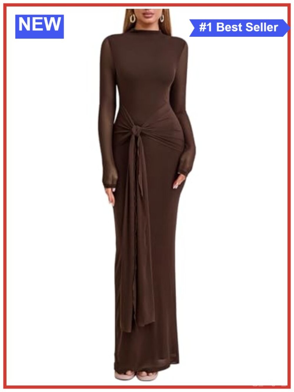Women's Long Sleeve Bodycon Mesh Maxi Tie Dress Formal Wedding Guest
